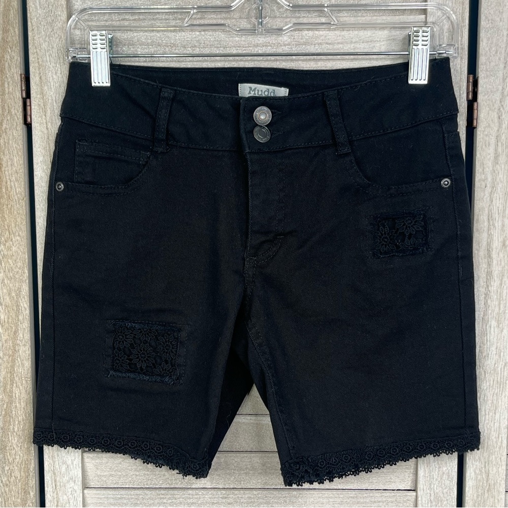 MUDD (Girls) Stretchy Jean Bermuda Shorts w Crochet Details Black-14 (Girls)